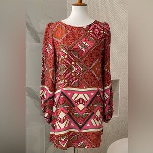 S.Y.L.K. - 100% Silk Long Multicolored Red/Pink Abstract Tribal Print Top, EUC S